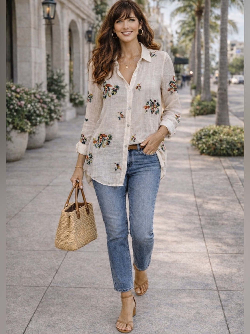 Anthropologie Fig and Flower Cream Embroidered Button up Long Sleeve Top small